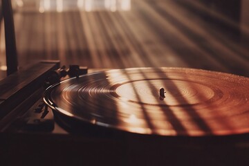 Nostalgic Vinyl Record Player with Sunlight Streaming Through