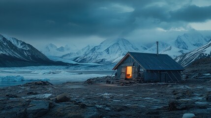 Illuminated Arctic cabin, glacier backdrop, night, winter, solitude