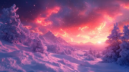 Pink sunset, snowy mountains, winter wonderland, fantasy sky, digital art
