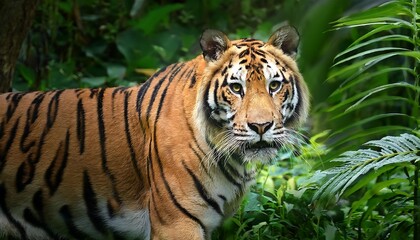 Fototapeta premium Majestic Bengal Tiger Prowling Through a Vibrant Green Jungle
