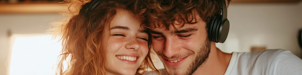 Close-up Portrait of Young Couple with Headphones