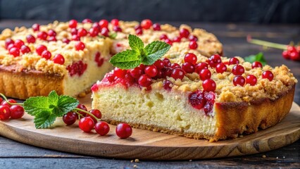 Moist and flavorful Ribiselkuchen cake with red currants topped with a crunchy crumble mixture