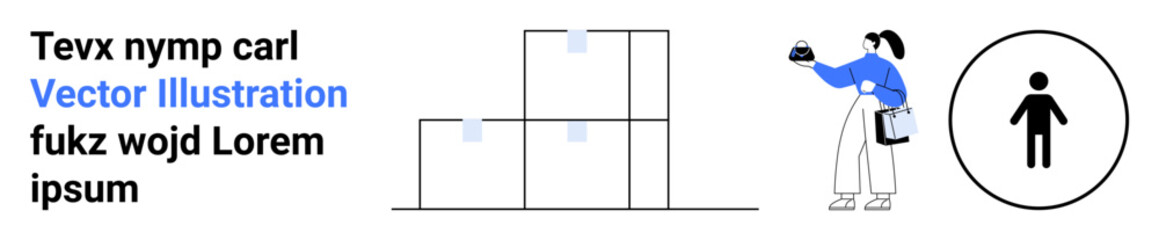 Woman holding a clipboard near stacked boxes, minimal person pictogram, and placeholder text. Ideal for logistics, organization, planning, delivery, minimalism, workflow and flat landing page banner