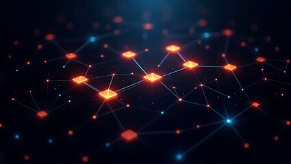 Fototapeta premium Abstract digital network glowing orange and red squares dark blue background