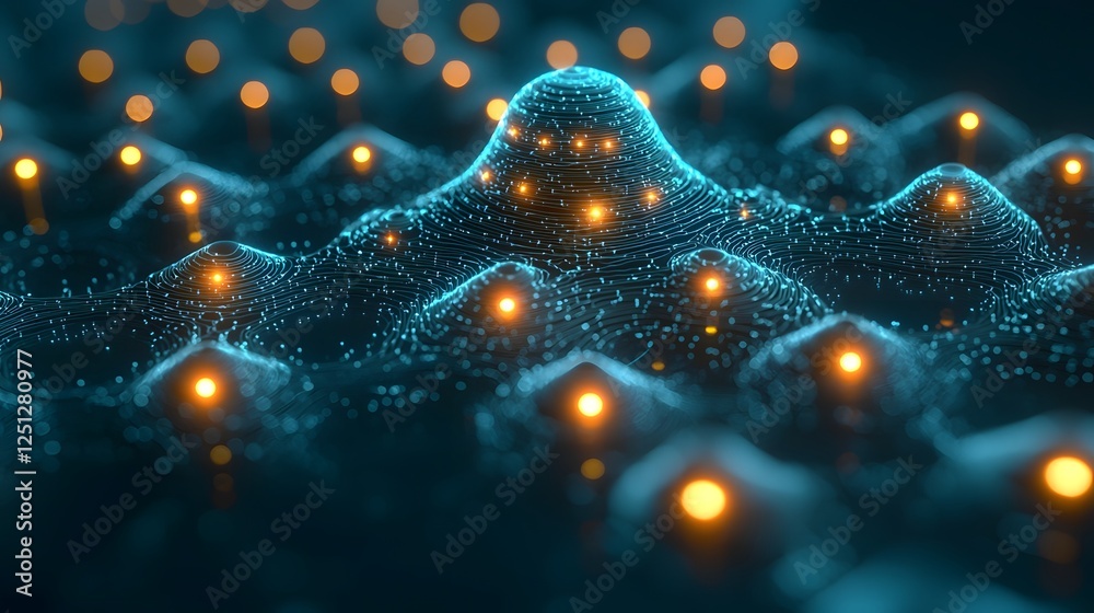 Poster glowing abstract landscape depicting deep learning technology with hierarchical layers of interconne