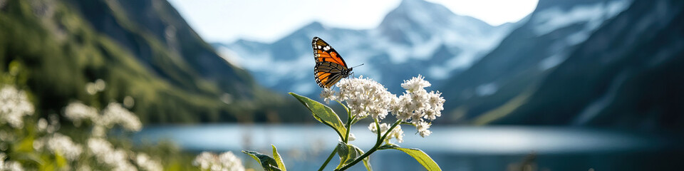 Monarch Butterfly on White Flowers with Mountain Lake Background