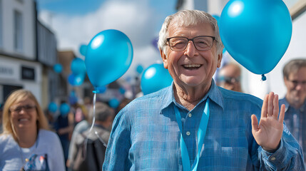 Smiling elderly man in a blue shirt waving, surrounded by blue balloons in an outdoor event setting. Perfect for themes of awareness, community, and support for Parkinson's disease