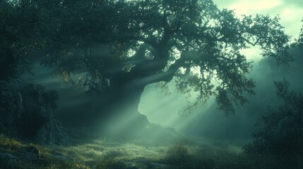 Obraz premium Majestic oak, sunrise rays, misty forest, fantasy background, game design