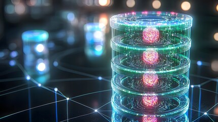 Glowing Hierarchical Layers Representing the Dynamic Visualization of Deep Learning and Intelligence Systems in a Futuristic Technological Environment