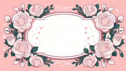 Frame with pink roses painted at the edges, on white background. Flowers composition. A sample simple template. Copy space for text.