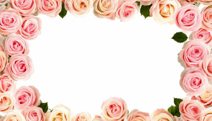 Frame with pink roses at the edges, on white background. Fresh flowers composition. A sample template. Copy space for text.