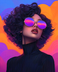 An edgy close-up portrait highlighting mirrored lenses, swirling with electric orange and purple