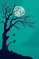 Silhouette tree, birds, moon, teal background.