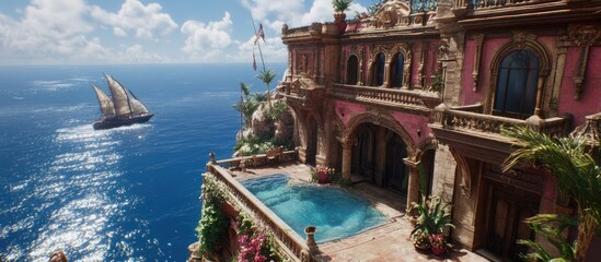 Obraz premium Oceanfront Villa, Pool, Sailboat; Tropical Paradise