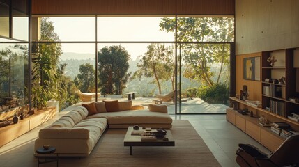 Fototapeta premium Modern living room, hillside view, sunset, luxury home, interior design