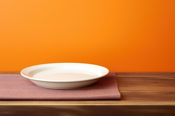 Empty White Plate on a Wooden Table with a Soft Cloth Against an Orange Background for Culinary and Dining Concepts