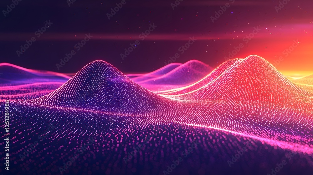 Poster futuristic and abstract digital landscape with dynamic flowing data streams and neon particle waves 
