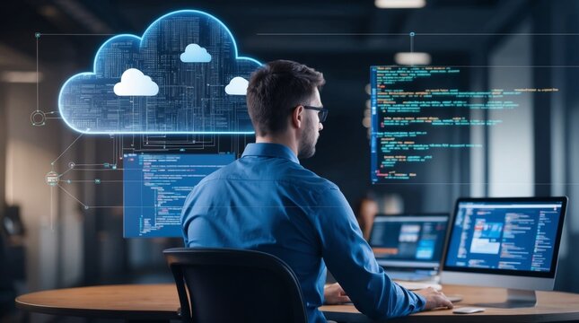Full-stack developer working on cloud integration, coding in the background, modern software development process Cloud Integration, Software Development Keywords: full-stack developer