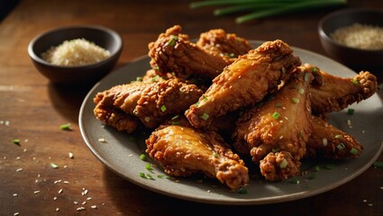 A plate of crispy, golden fried chicken wings, perfectly cooked to a golden-brown crisp. The wings are arranged neatly on the plate, with a few pieces slightly overlapping. Some wings are garnished