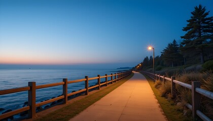 A peaceful coastal walkway at twilight, illuminated by glowing streetlights. Perfect for travel, relaxation, and nature themes.