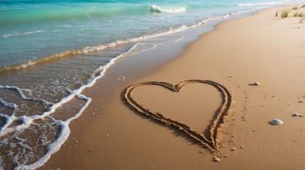 A delicate heart drawn on the warm beige sand, its gentle curves and tender lines subtly smudged by the encroaching waves, as if the ocean itself is embracing symbol of love, the waters edge gently