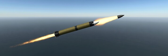 Naklejka premium Missile launch over ocean; clear sky background. Military technology image