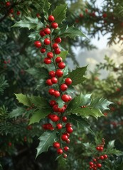 A sprig of holly with bright red berries is nestled among lush evergreen branches , festive garland, greenery, holiday decorations