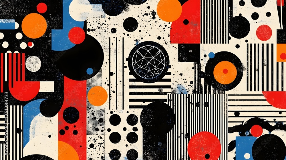 Poster vibrant and dynamic abstract geometric patterns of lines shapes and colors symbolizing the complex c