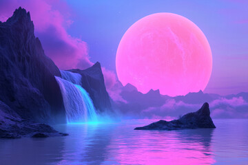An immersive scene depicting fluorescent cliffs leading to a massive glowing planet at dusk, the