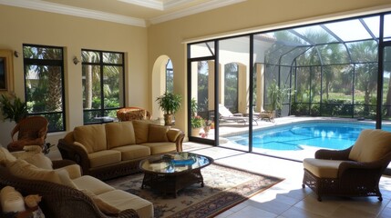 Elegant living room with sliding doors opening onto a patio with a swimming pool and screen enclosure