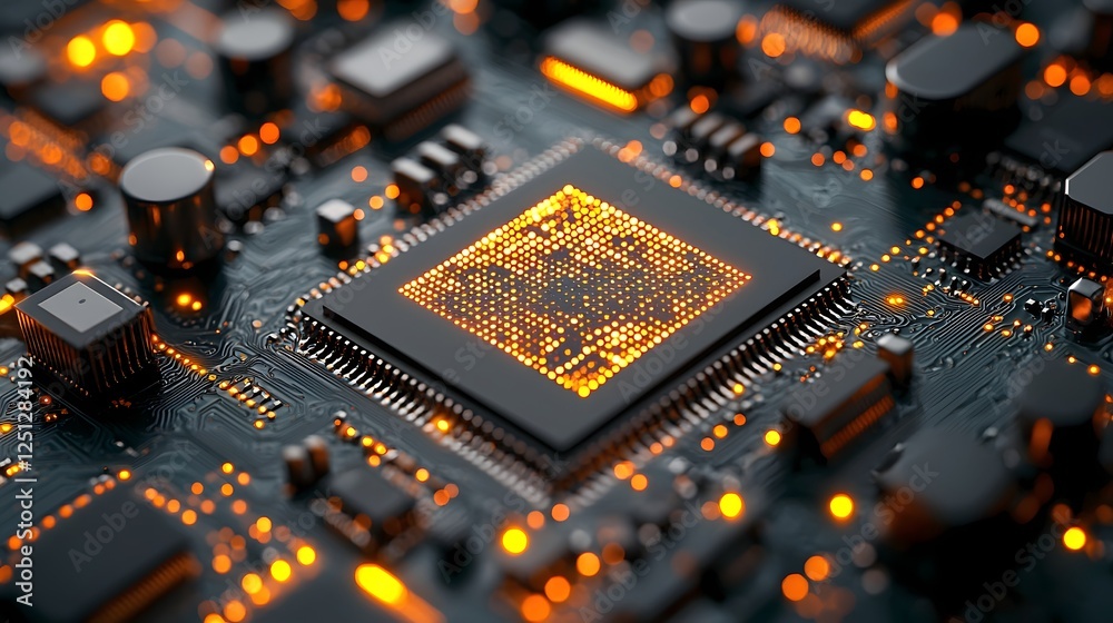 Poster close up detailed view of an advanced intelligence microprocessor and circuitry showcasing the intri