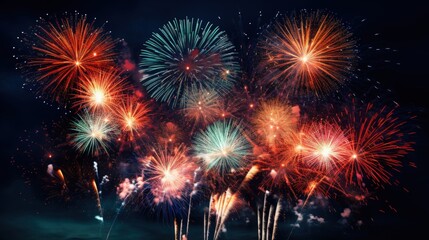 Naklejka premium Colorful Fireworks Bursting in the Night Sky, Creating a Stunning Display of Bright Colors and Patterns Over a Dark Background