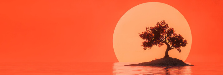 A glowing sunset scenario showcasing a petite island with a single tree, as the oversized sun