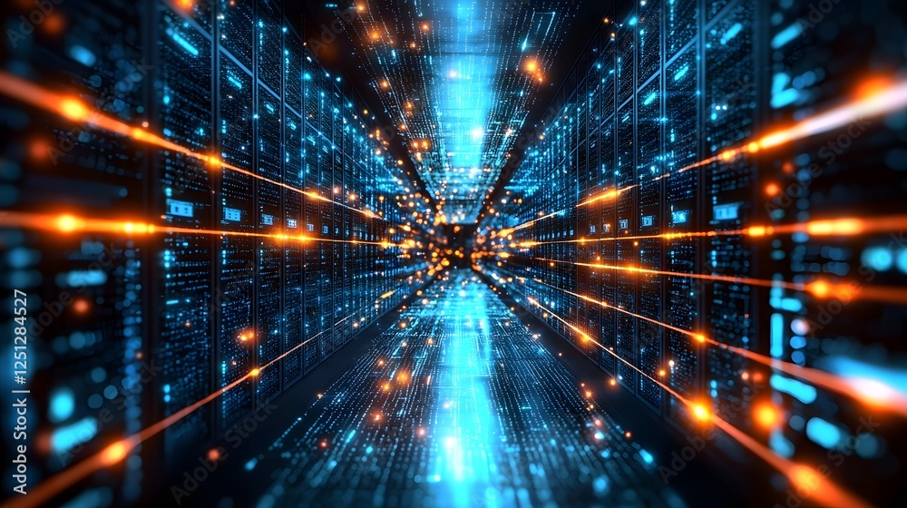 Poster flowing digital data through futuristic neural network grid abstract of data pathways and connection