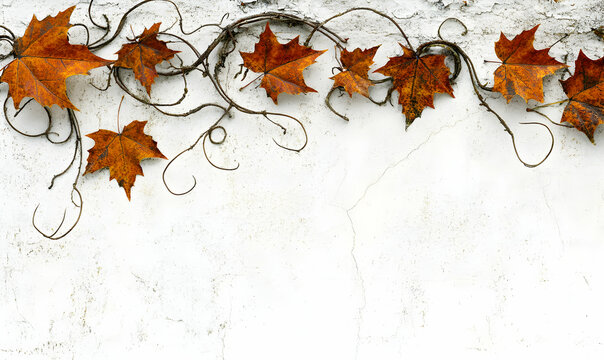 Autumnal arrangement of dried maple leaves and vines on a weathered white wall, creating a rustic, fall-themed border.