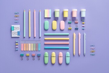 Pastel-colored stationery neatly arranged on a light purple background. Workplace organization. Back to school concept.
