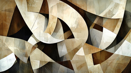 Abstract painting featuring various white and brown geometric shapes on a textured background