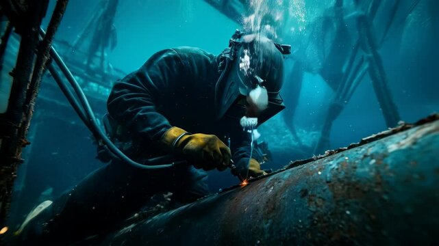 Underwater welding in deep ocean wreck site showcasing skilled divers precision work