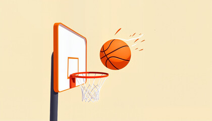 Fototapeta premium Basketball entering the hoop with motion on a beige background, dynamic action, copy space