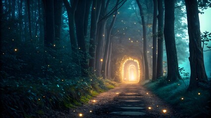 Enchanted Forest Pathway with Magical Portal Surrounded by Mist and Glowing Lights at Twilight
