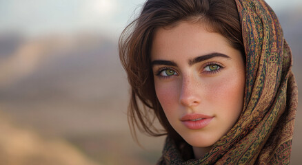 Fototapeta premium A beautiful woman with brown hair and striking green eyes stands outdoors, draped in a scarf, radiating tranquility in a natural setting
