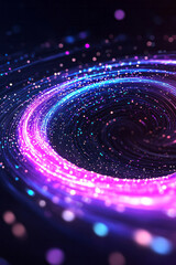 Obraz premium A dynamic composition of 3D spheres and angular shapes emitting purple, pink, and blue lights on a