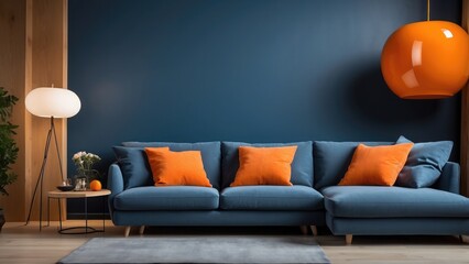 Modern living room with blue sofa and orange pillows, lighted by designer lamps.
