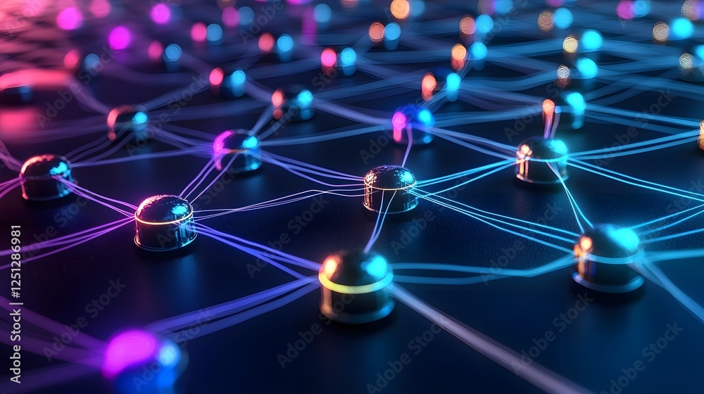 Poster vibrant neural network layers with color gradients illustrating the complex connections and data flo