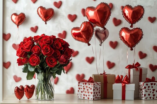 Valentine's Day concept: a bouquet of red roses and heart-shaped balloons on a table in a modern kitchen, with gift boxes against a white wall decorated with heart motifs.