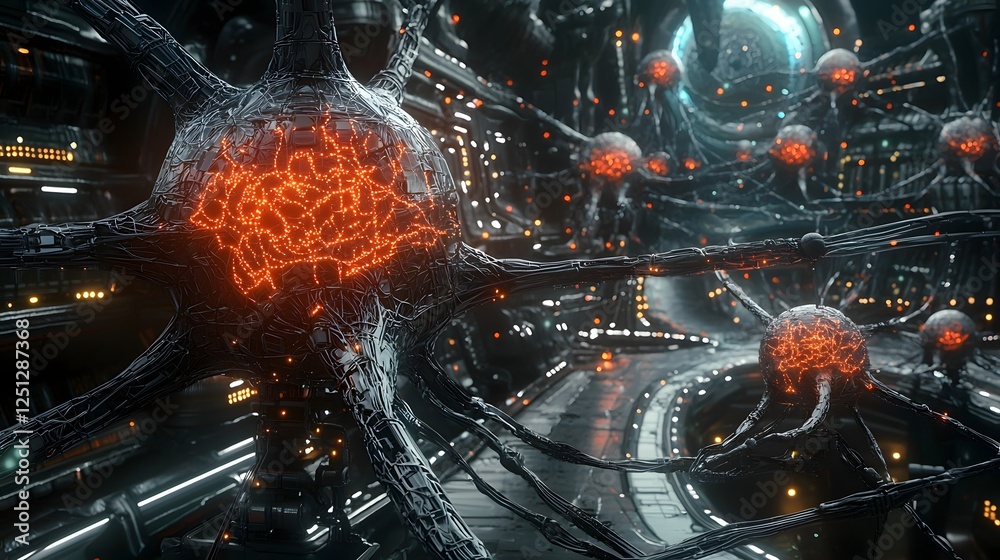 Poster abstract visualization of an neural network in a dynamic futuristic high tech environment glowing co