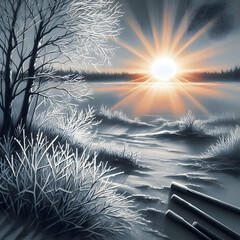 Dramatic charcoal drawing of a winter sunrise over a frosty landscape