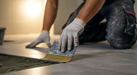 Tiler laying ceramic floor tiles at construction site