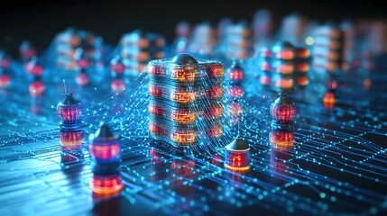 rendering of a complex neural network with multiple interconnected layers and flowing data pathways creating a futuristic and digital technology inspired composition