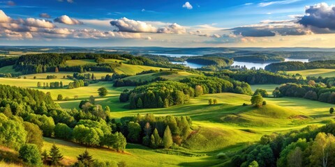 Obraz premium Panoramic view of Mazury's landscape with rolling hills and lush green forests, view, countryside, view, countryside, aerial, sky